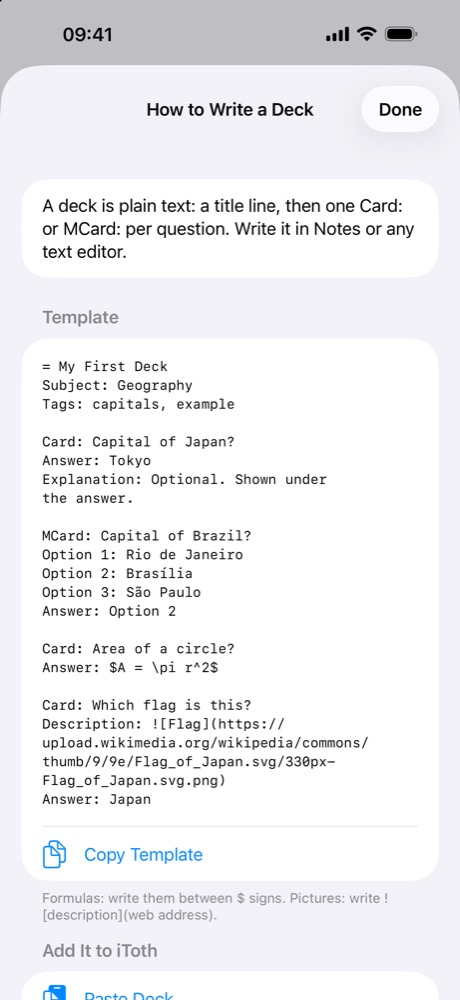 The How to Write a Deck screen with a template deck and a Copy Template button.