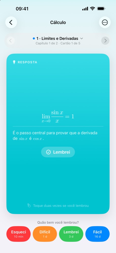 Um cartão de Cálculo mostrando o limite de sen x sobre x quando x tende a 0, escrito como fórmula.