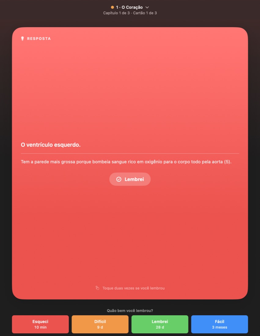A resposta de um cartão com os botões Esqueci, Difícil, Lembrei e Fácil embaixo.